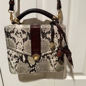 Brahmin Snakeskin Satchel in Cream and Brown with Gold Accents